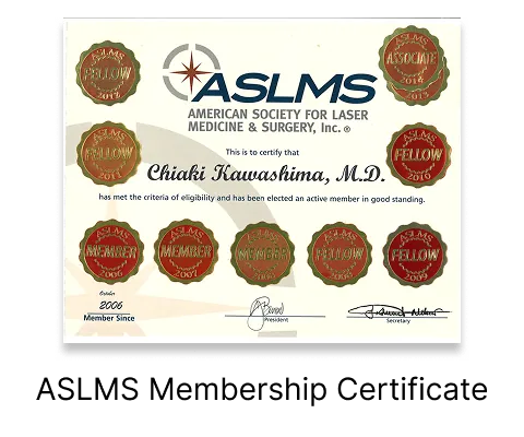 ASLMS membership certificate for laser and anti-aging treatment expertise