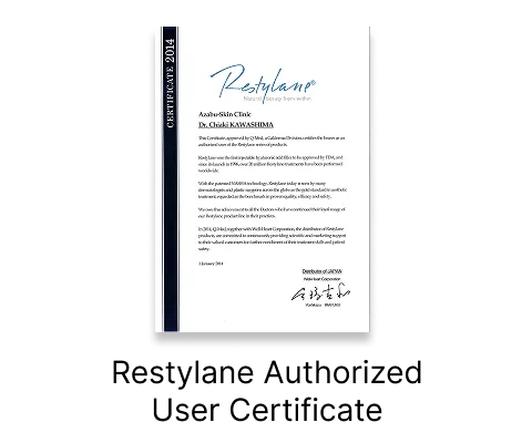 Restylane authorized user certificate for Azabu Skin Clinic filler treatment