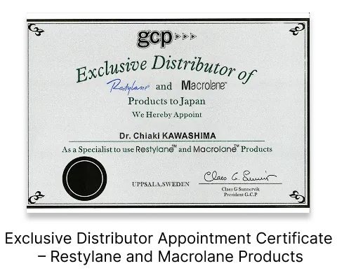 Restylane distributor certificate for hyaluronic acid filler treatment