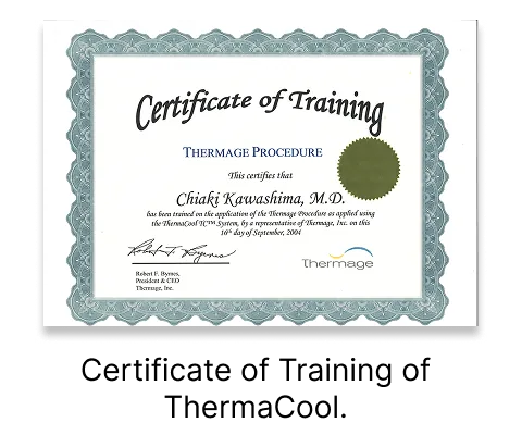 ThermaCool training certificate for Thermage RF skin tightening treatment