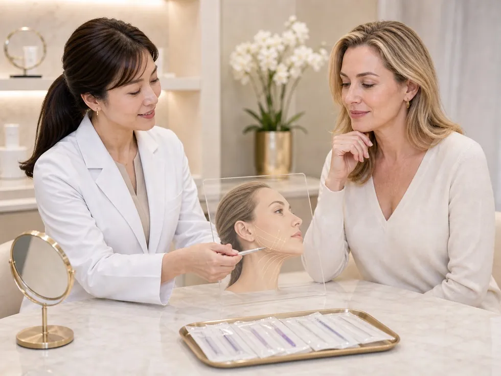 Thread lift treatment for jowls jawline tightening and non-surgical facelift